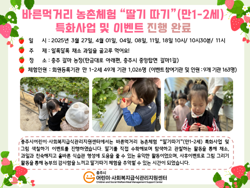 2025년 바른먹거리 농촌체험 “딸기 따기”(만1-2세)" 특화 사업 및 이벤트 진행 완료