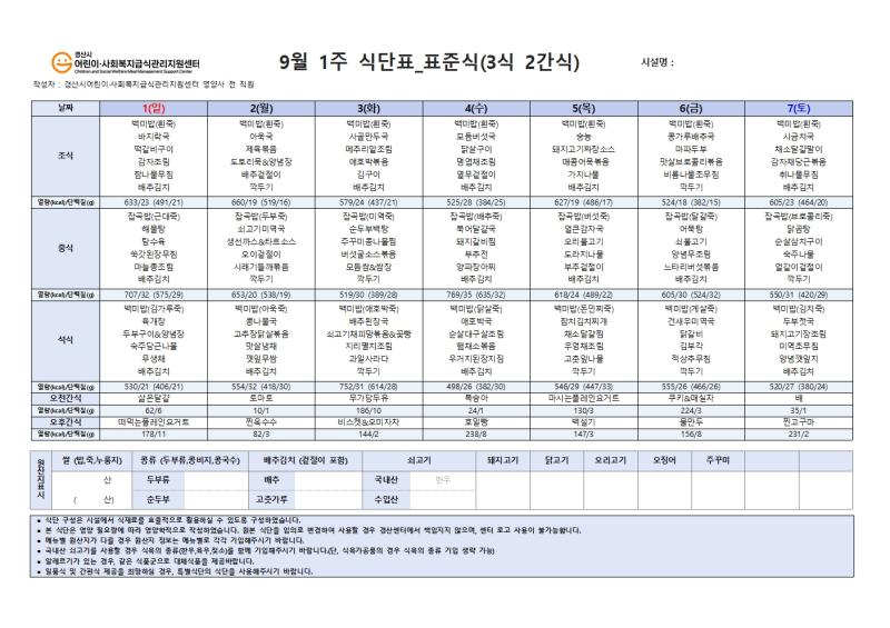 9월 식단표(사회복지)