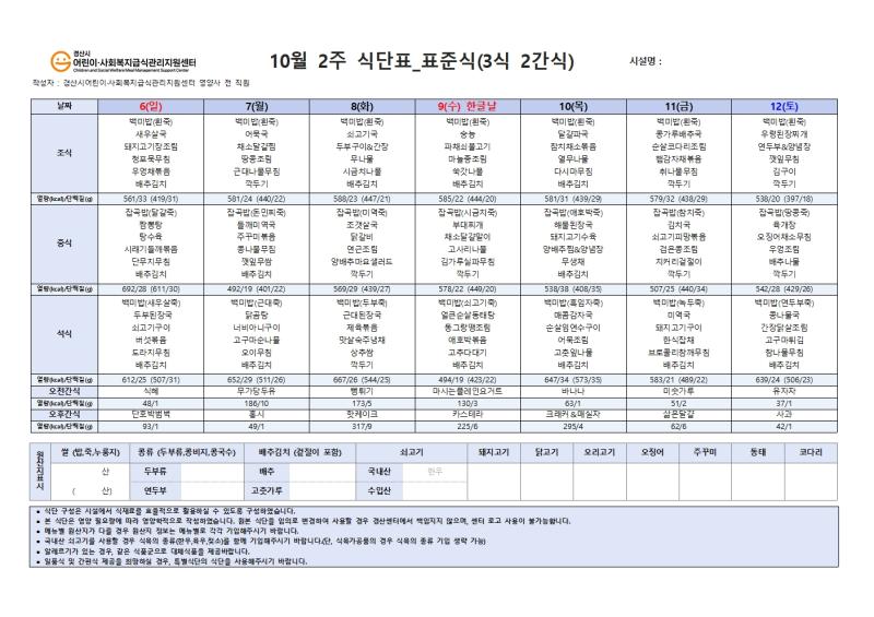 10월 식단표(사회복지)