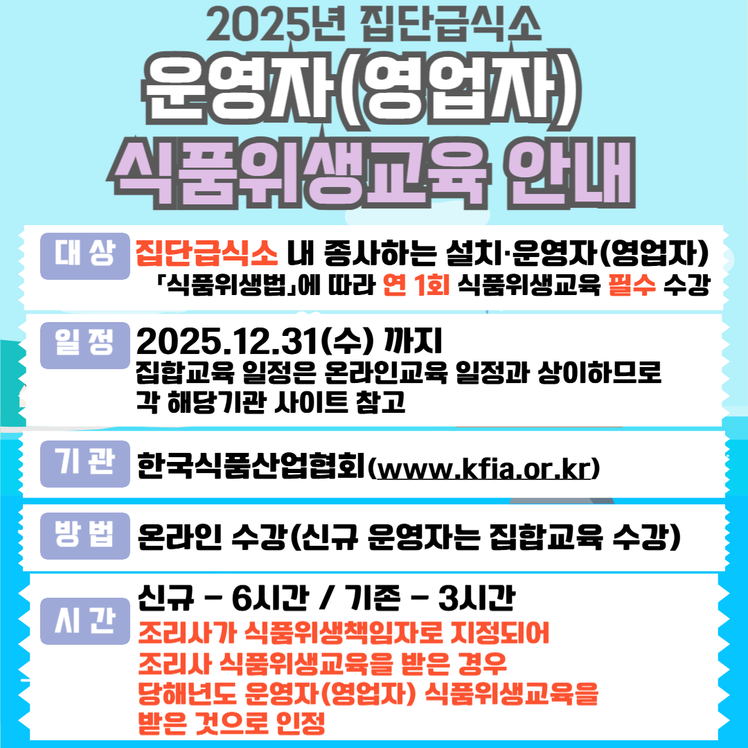 2025년 집단급식소 식품위생교육 안내