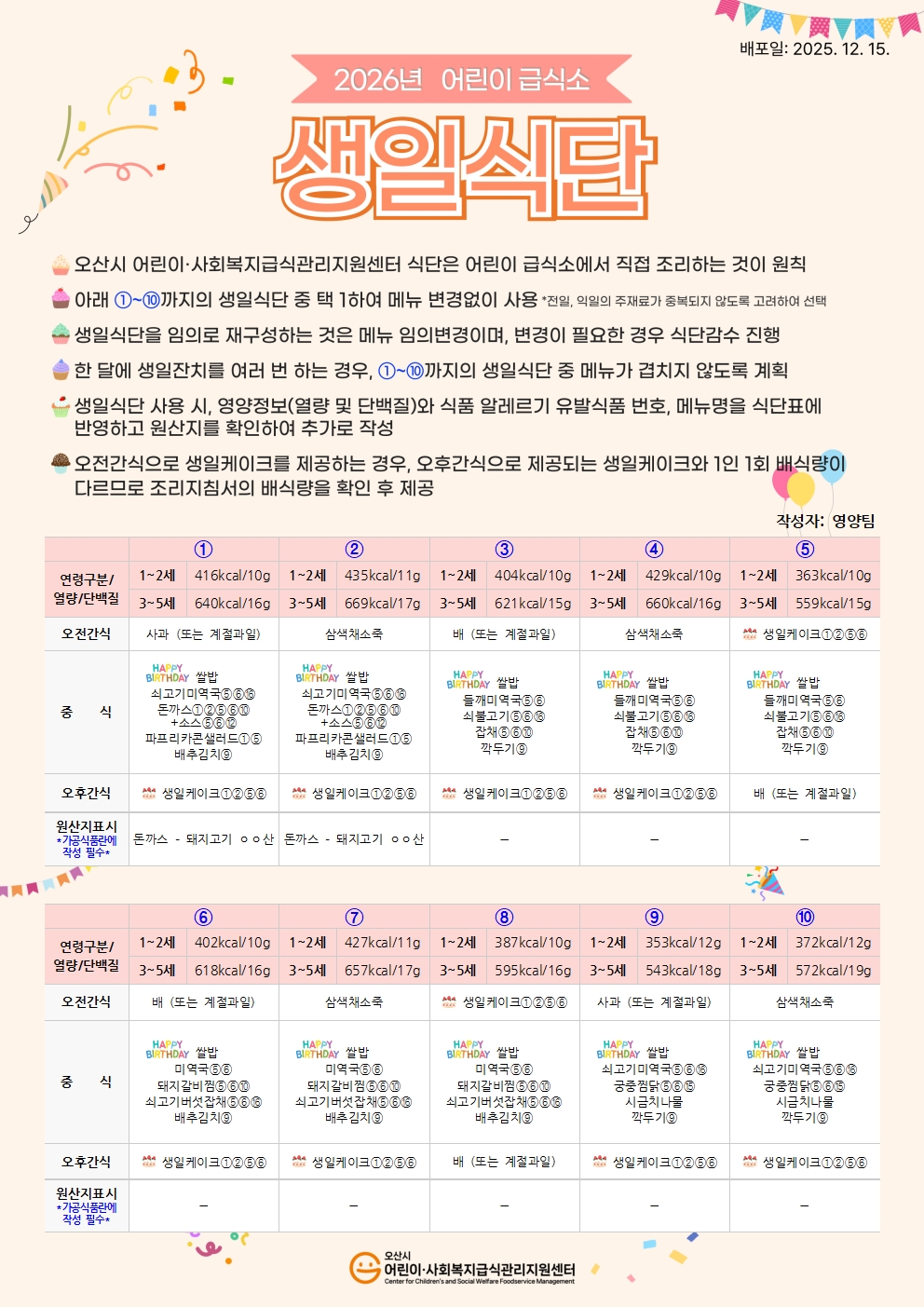 2026년 어린이 생일식단