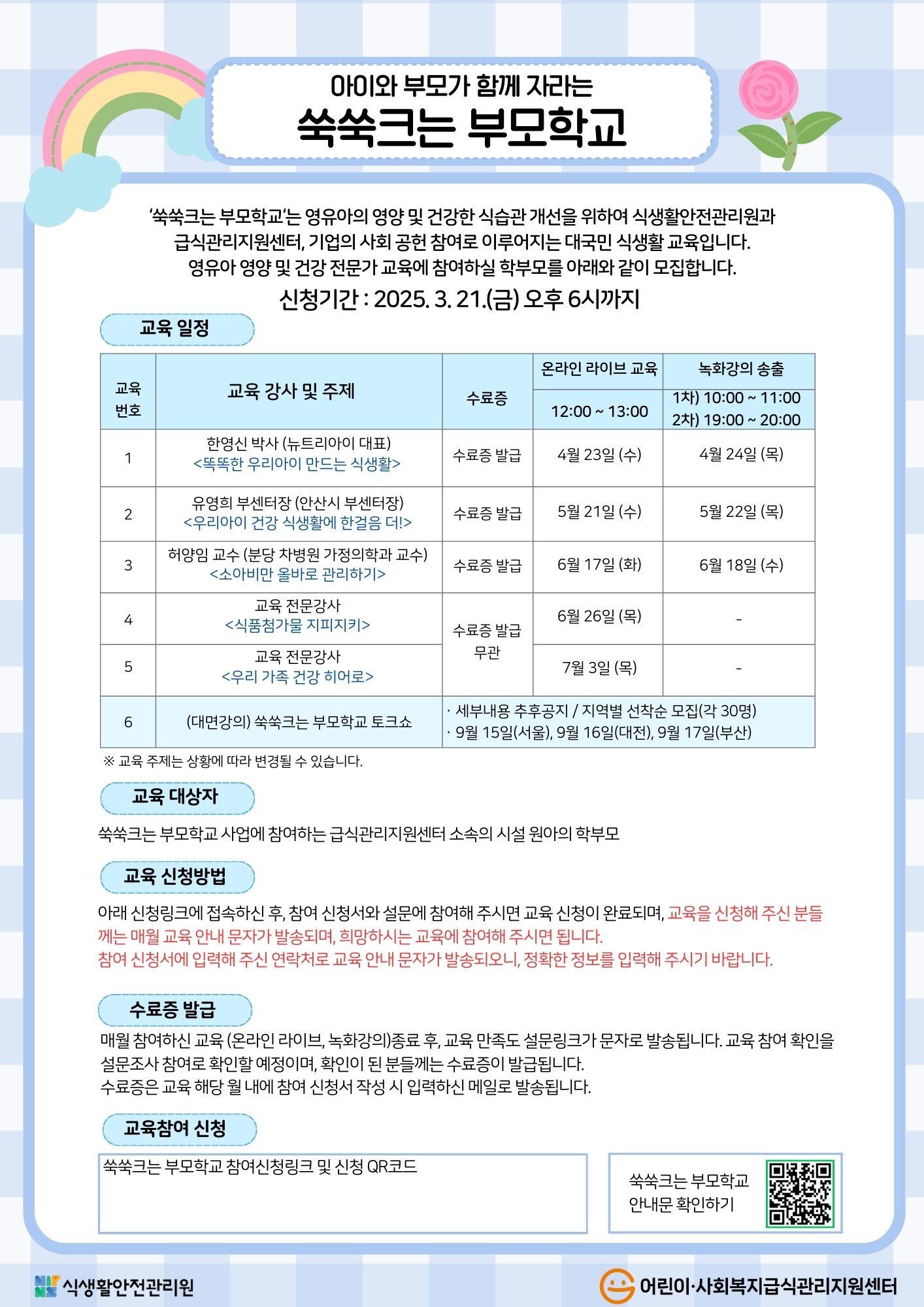 제주1어린이·사회복지급식관리지원센터입니다. 2025년도 쑥쑥크는 부모학교 사업 실시 안내드립니다. <쑥쑥크는 부모학교>►쑥쑥크는 부모학교는 영유아의 영양 및 식습관, 건강 전문가를 통하여 양육에 어려움을 느끼고 있는 학부모의 고민 해소에 도움을 드리기 위한 영양교육 사업입니다.►모집대상: 센터 등록 어린이급식소 영유아의 학부모►신청기간: 2025. 3. 4. (화) 09:00 ~ 3. 21. (금) 18:00까지►신청방법: 신청안내문에 포함된 신청링크 또는 QR로 접속하여 온라인 신청*신청링크: https://m.site.naver.com/1CR2b